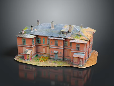 Vintage Red Brick Architectural Model Building With Gray Roof Chimneys And Small Green Plants 3d model
