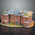 Vintage Red Brick Architectural Model Building With Gray Roof Chimneys And Small Green Plants