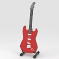 Red Electric Guitar Displayed On Black Stand With Modern Body Design