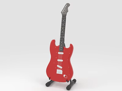 Red Electric Guitar Displayed On Black Stand With Modern Body Design 3d model