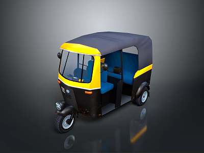 Yellow And Black Three Wheeled Vehicle With Gray Roof And Blue Seats 3d model