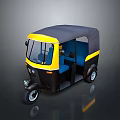 Yellow And Black Three Wheeled Vehicle With Gray Roof And Blue Seats