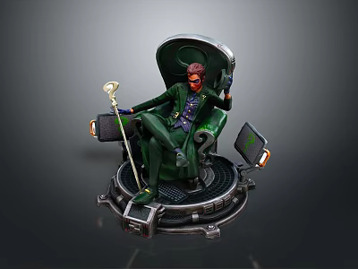 Green Clad Figure Seated On Tech Inspired Rotating Chair With Staff And Screens 3d model