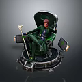 Green Clad Figure Seated On Tech Inspired Rotating Chair With Staff And Screens