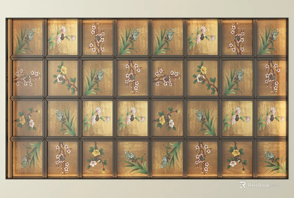 Decorative Ceiling Design With Square Panels Floral Botanical Patterns On Golden Background 3d model