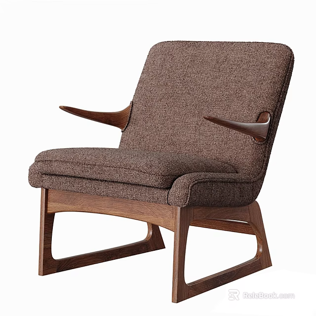 Modern Leisure Chair With Brown Fabric Upholstery And Curved Wooden Arms 3d model 