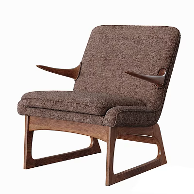 Modern Leisure Chair With Brown Fabric Upholstery And Curved Wooden Arms 3d model