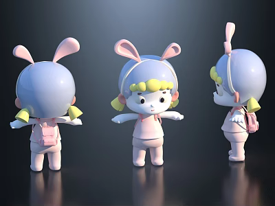 Cute Game and Movie Character Cartoon Girl With Rabbit Ears Hat Three Viewing Angles 3d model