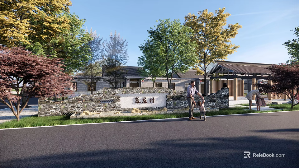 Stone Scenic Wall With Inscription Surrounded By Trees And Traditional Village Buildings 3d model 