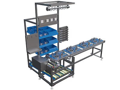 Modern Industrial Equipment Featuring Conveyor Belt Blue Storage Bins Multi Layer Shelves And Control Panel 3d model