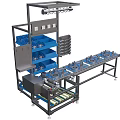 Modern Industrial Equipment Featuring Conveyor Belt Blue Storage Bins Multi Layer Shelves And Control Panel