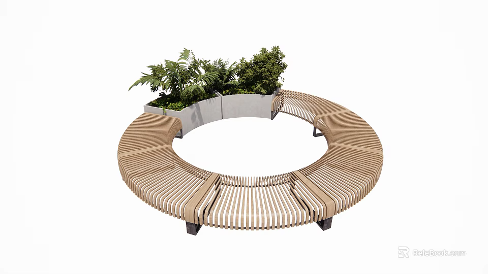 Outdoor Circular Slatted Wooden Landscape Bench With Planter And Lush Green Plants 3d model 