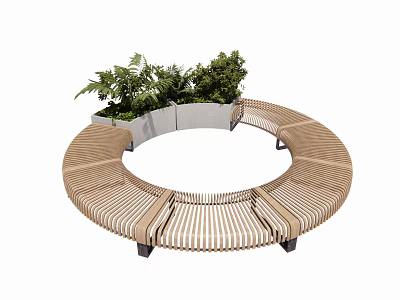 Outdoor Circular Slatted Wooden Landscape Bench With Planter And Lush Green Plants 3d model