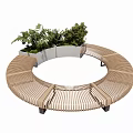Outdoor Circular Slatted Wooden Landscape Bench With Planter And Lush Green Plants