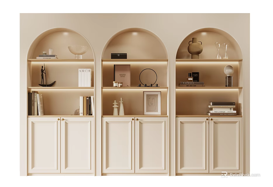 Beige Modern Display Cabinet With Arched Open Shelves Books And Decorative Vases 3d model 