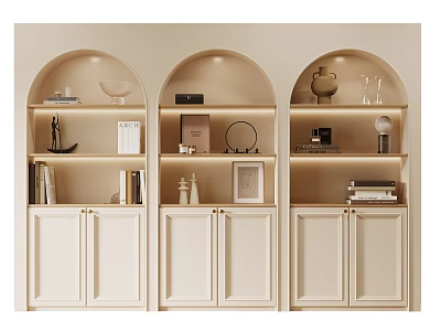 Beige Modern Display Cabinet With Arched Open Shelves Books And Decorative Vases 3d model