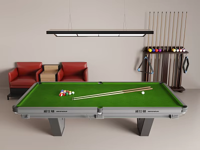Billiard Room Interior With Green Pool Table Red Sofa Chairs Cue Rack And Hanging Lamp 3d model