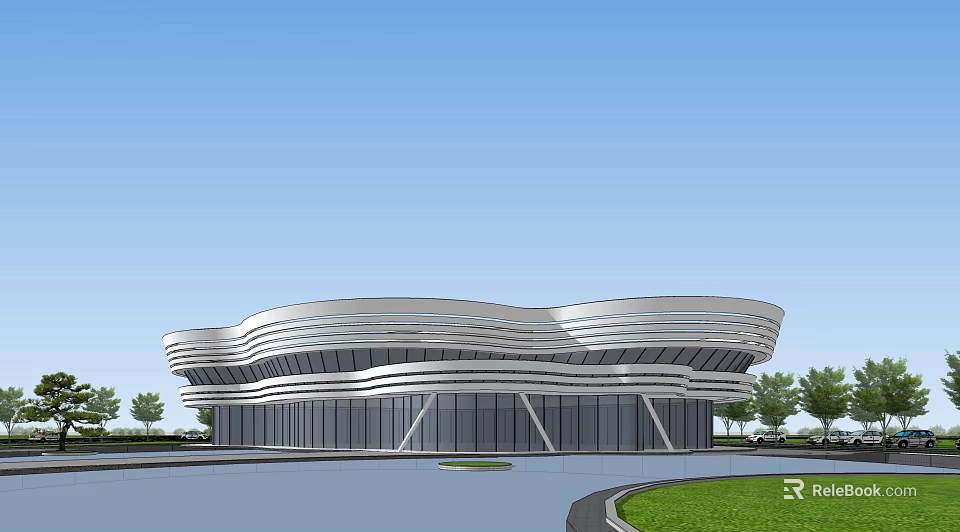 Modern Sleek Building With Wavy Roof Design Glass Curtain Walls And Surrounding Trees Lawn 3d model 