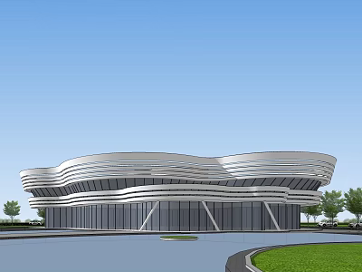 Modern Sleek Building With Wavy Roof Design Glass Curtain Walls And Surrounding Trees Lawn 3d model