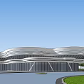 Modern Sleek Building With Wavy Roof Design Glass Curtain Walls And Surrounding Trees Lawn