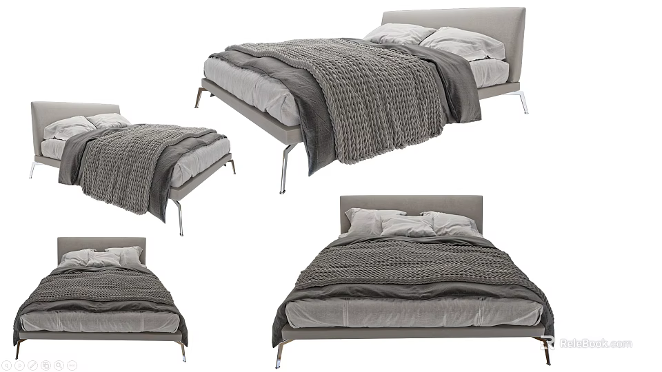 Modern Double Bed With Grey Blanket Pillows And Metal Legs For Bedroom 3d model 