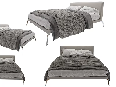 Modern Double Bed With Grey Blanket Pillows And Metal Legs For Bedroom 3d model