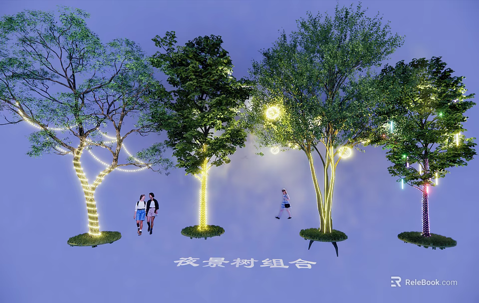 Decorative Lights Illuminate Night Scene Tree Combination with Walking People 3d model 