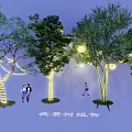 Decorative Lights Illuminate Night Scene Tree Combination with Walking People