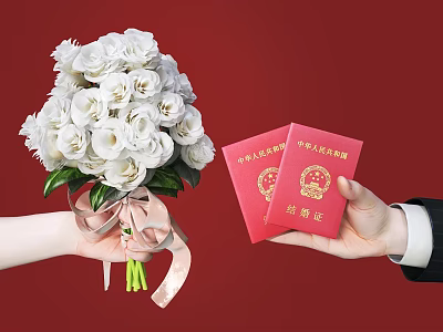 Beautiful White Roses Bouquet With Ribbon Held By Hands On Red Background 3d model