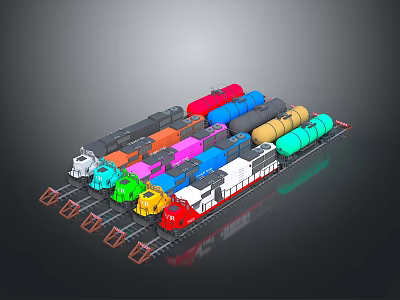 Colorful Train Model With Multiple Colored Carriages Parked On Railway Track 3d model