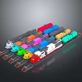 Colorful Train Model With Multiple Colored Carriages Parked On Railway Track 3d model