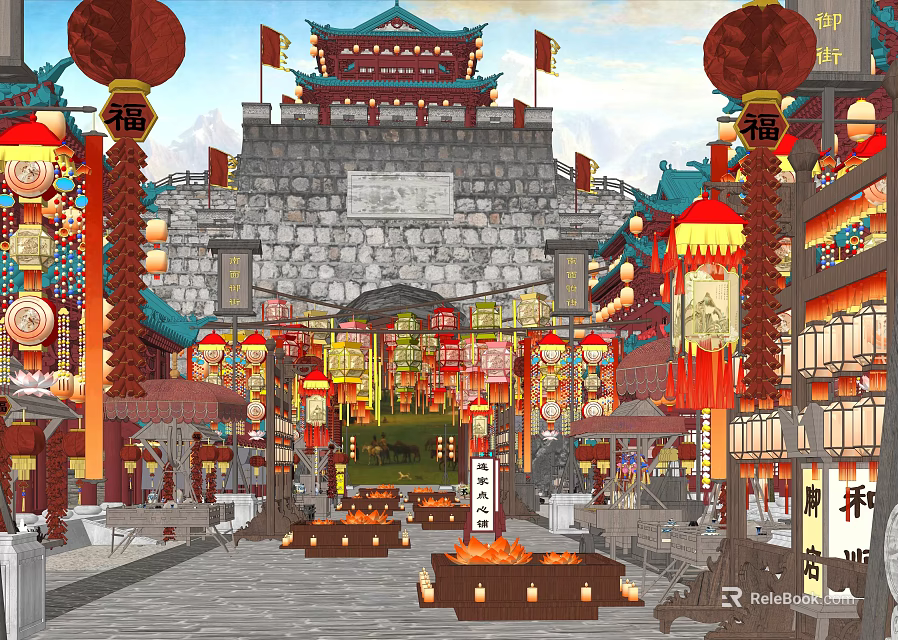 Ancient Chinese Architecture Featuring City Gate Red Lanterns And Traditional Street Shops 3d model 