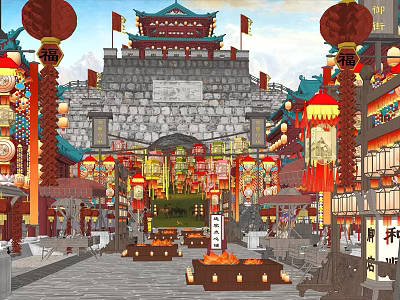Ancient Chinese Architecture Featuring City Gate Red Lanterns And Traditional Street Shops 3d model