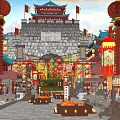 Ancient Chinese Architecture Featuring City Gate Red Lanterns And Traditional Street Shops