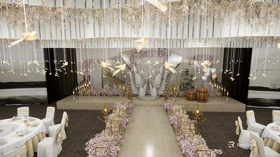 Elegant Banquet Hall Decor With Hanging Chandeliers Floral Arrangements And Gold Accents 3d model 