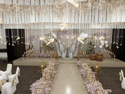 Elegant Banquet Hall Decor With Hanging Chandeliers Floral Arrangements And Gold Accents 3d model