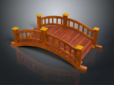 Wooden Arch Bridge In Garden With Yellow Posts Railings And Wooden Deck 3d model
