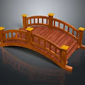 Wooden Arch Bridge In Garden With Yellow Posts Railings And Wooden Deck