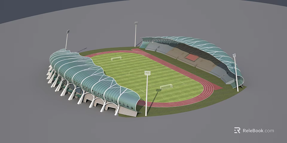 Modern Sports Stadium With Green Football Field Red Running Track And Roofed Stands 3d model 