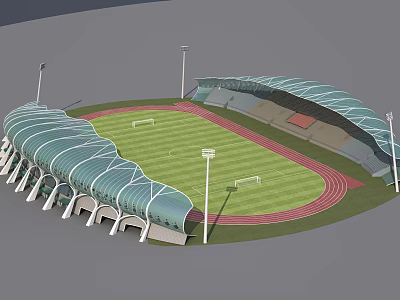 Modern Sports Stadium With Green Football Field Red Running Track And Roofed Stands 3d model
