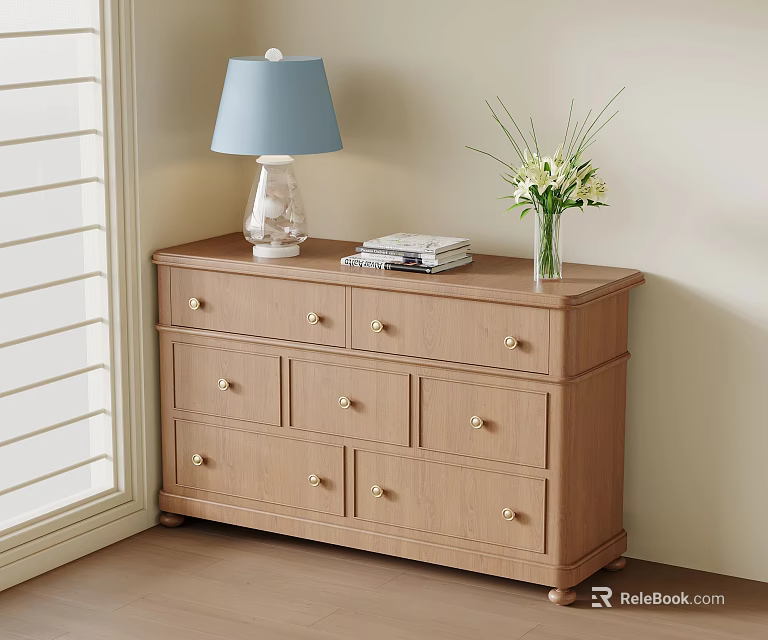 Wooden Console Table with Drawers Lamp Vase with Flowers and Magazines in Entryway 3d model 
