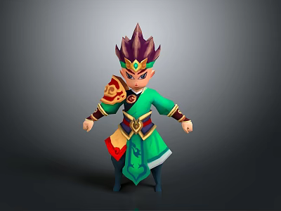 Cartoon Style Man In Green Red Traditional Outfit With Unique Headdress And Decorative Belt 3d model