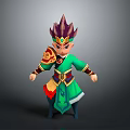 Cartoon Style Man In Green Red Traditional Outfit With Unique Headdress And Decorative Belt