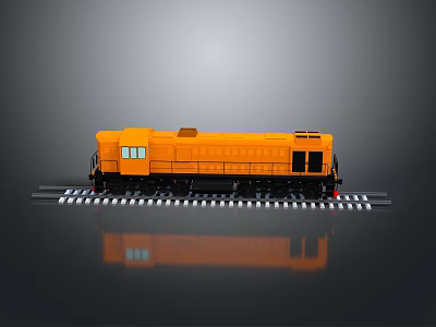 Yellow Train Locomotive Model On Black Railway Track With Gray Background And Reflection 3d model