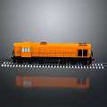 Yellow Train Locomotive Model On Black Railway Track With Gray Background And Reflection