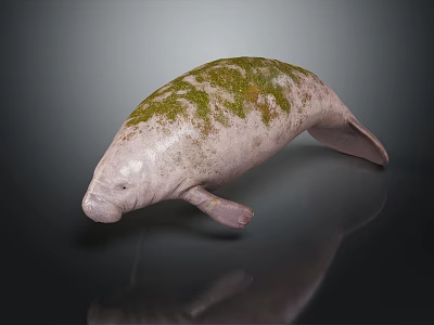 Gentle Manatee Covered in Green Moss With Smooth Gray Skin and Clear Reflection 3d model