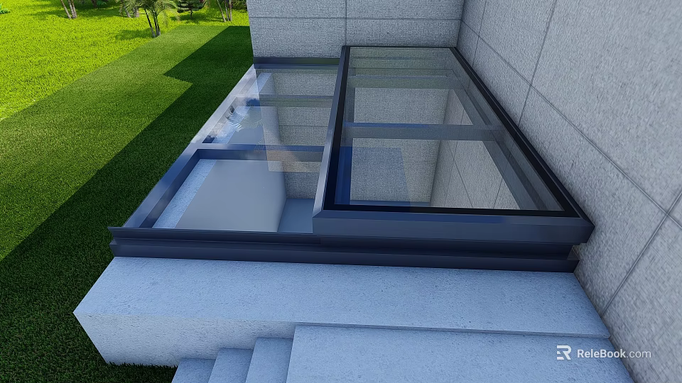 Detached Villa Exterior With Glass Skylight Green Lawn And Stone Steps 3d model 