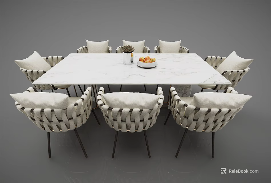 Elegant Rectangular Dining Table Set With White Marble Top Woven Chairs And Fruit Bowl Vase 3d model