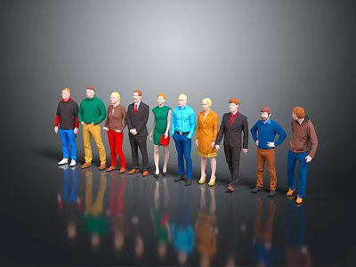 3D Character Models Standing in a Row with Various Outfits and Poses 3d model
