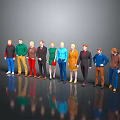 3D Character Models Standing in a Row with Various Outfits and Poses 3d model